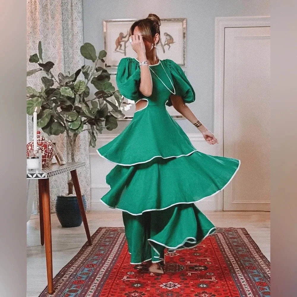 NWT MACKENZIEMODE Puff Sleeve Tiered Maxi Dress in Emerald Size 8